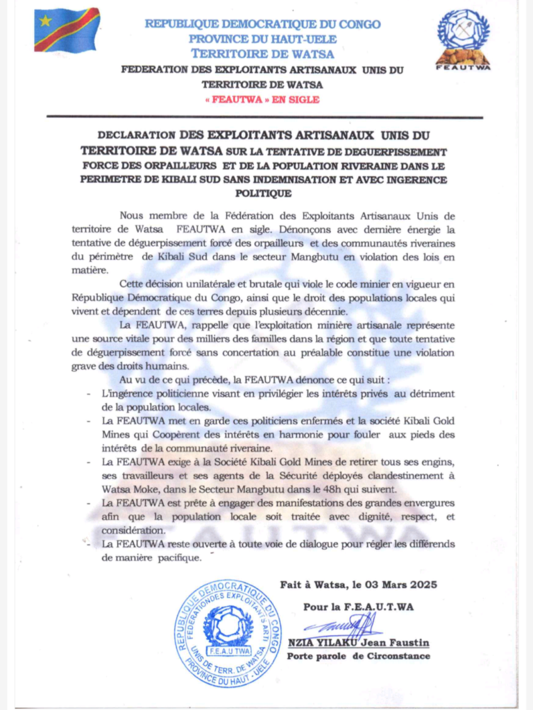 Screenshot_20250303-182230-1-768x1024 Watsa/présumée tentative d’expulsion forcée des Orpailleurs à Kibali Sud : La FEAUTWA dénonce une violation des droits locaux par Kibali Gold Mine