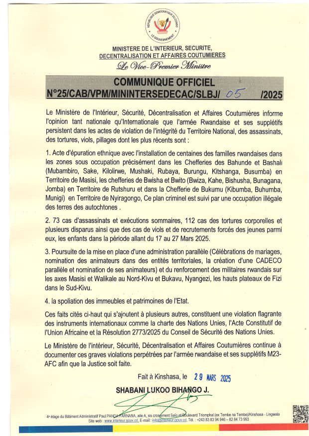 img-20250330-wa00623807691104473796161 RDC : Kinshasa dénonce les exactions de l’armée rwandaise et ses alliés dans l’Est et l’occupation illégale des territoires