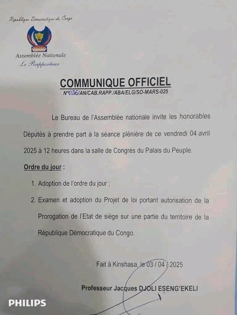 img-20250404-wa007327176038947295864 RDC : L'Assemblée nationale convoque une plénière sur la prorogation de l'état de siège
