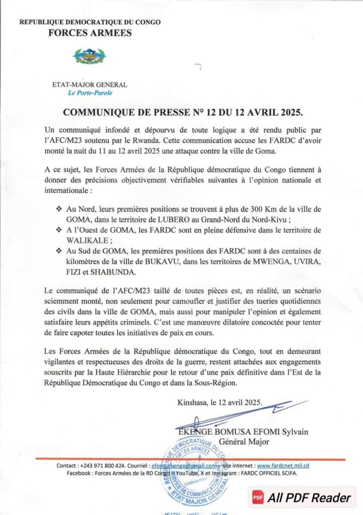 img-20250413-wa03754160974687204679362-723x1024 RDC : les FARDC démentent toute implication dans une attaque à Goma et dénoncent une manipulation du AFC/ M23