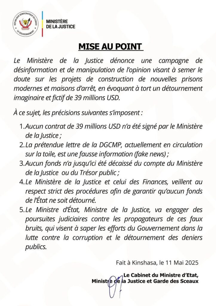 img-20250512-wa02628641671197701755429-723x1024 RDC : le Ministère de la Justice réfute les allégations de détournement de 39 millions USD destinés à la construction des prisons