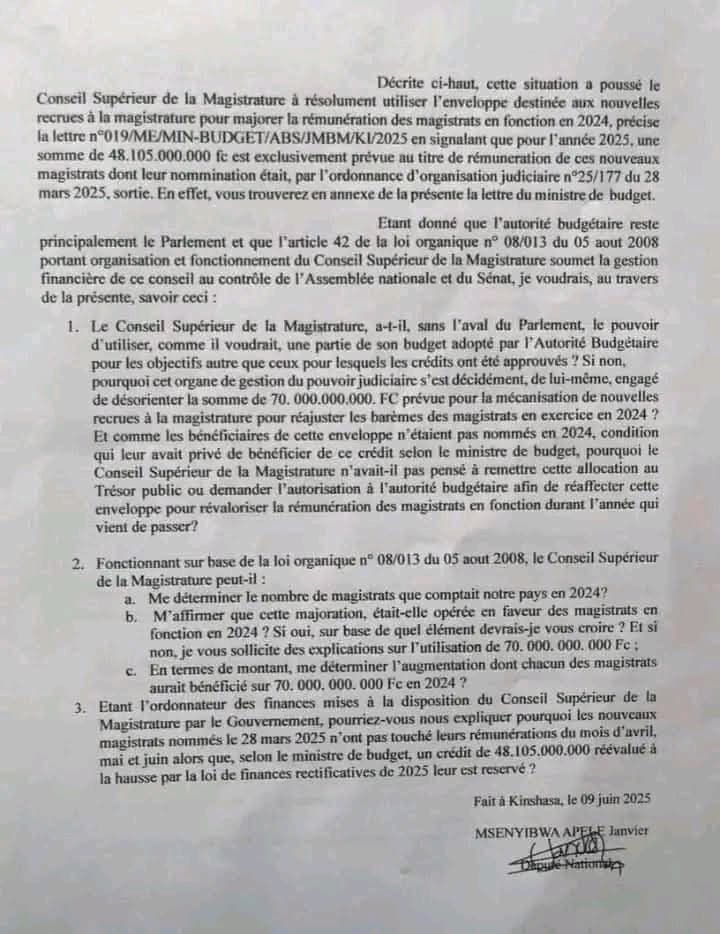img-20250610-wa03355904113869275555018 «Où sont passés les 70 milliards FC destinés aux nouveaux magistrats ?» : un député interpelle le Conseil Supérieur de la Magistrature