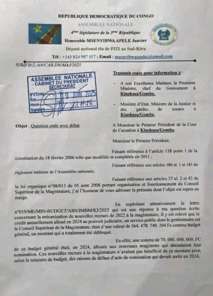 img-20250610-wa03362261701784753151244-737x1024 «Où sont passés les 70 milliards FC destinés aux nouveaux magistrats ?» : un député interpelle le Conseil Supérieur de la Magistrature