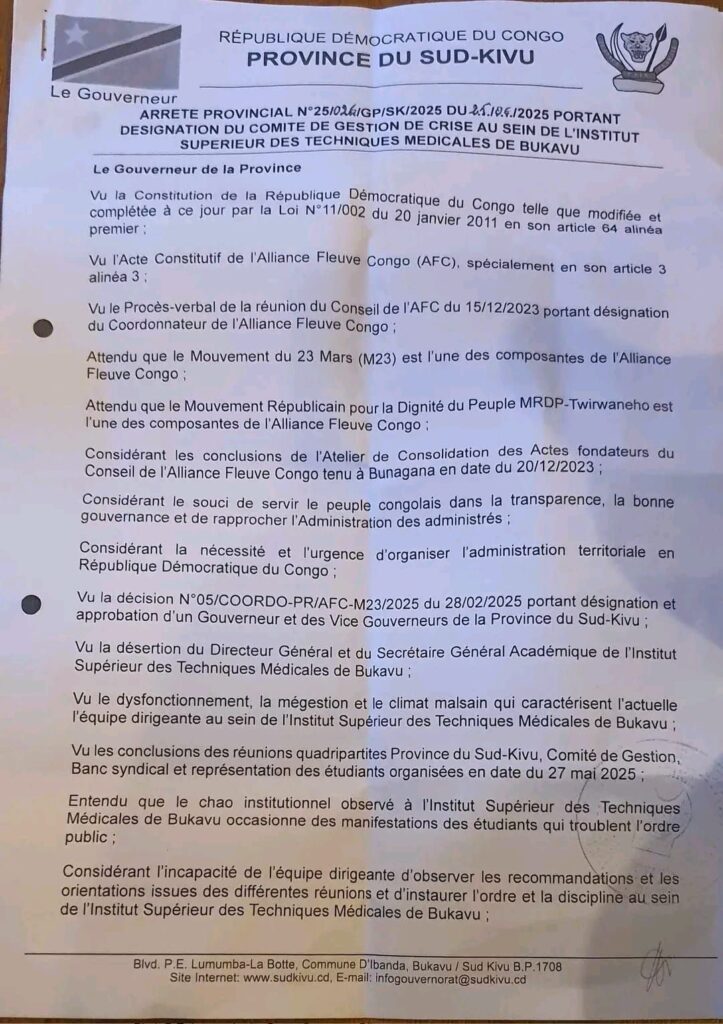 img-20250626-wa02941416061787709981640-723x1024 Sud-Kivu: crise à l’ISTM Bukavu, le Vice-Gouverneur met en place un comité de crise