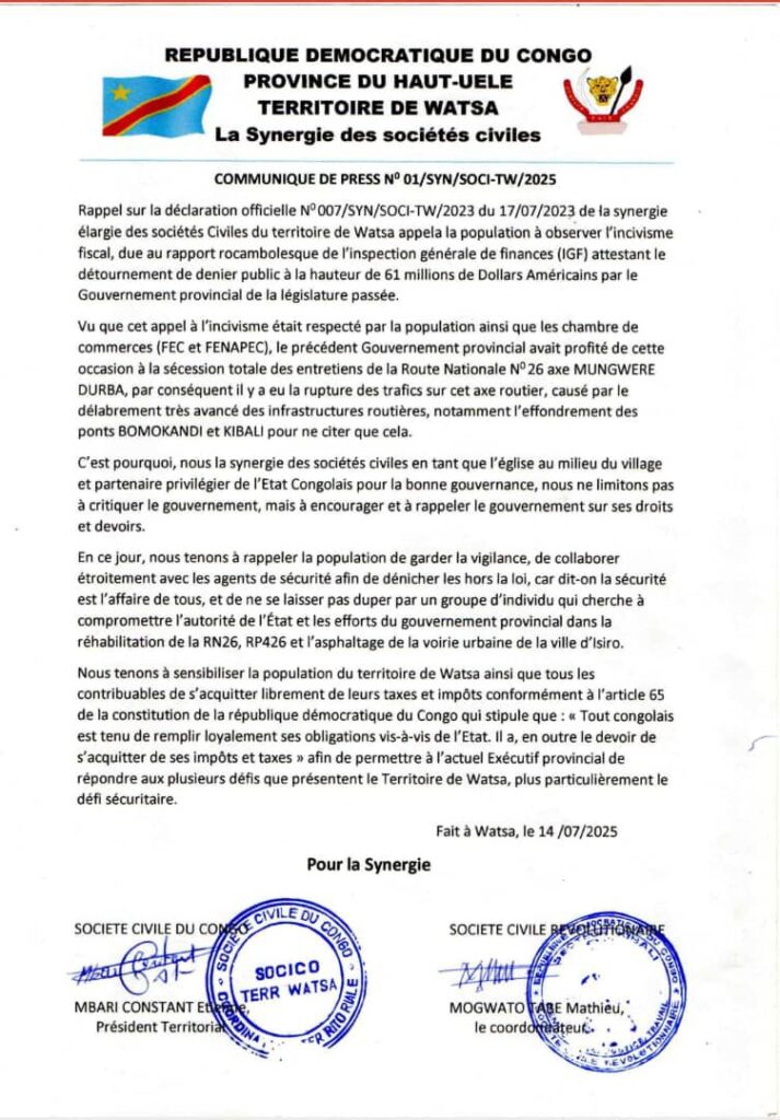 img-20250715-wa03284228728636930666349-713x1024 Watsa : la Synergie de la société civile appelle au civisme fiscal et à la vigilance citoyenne