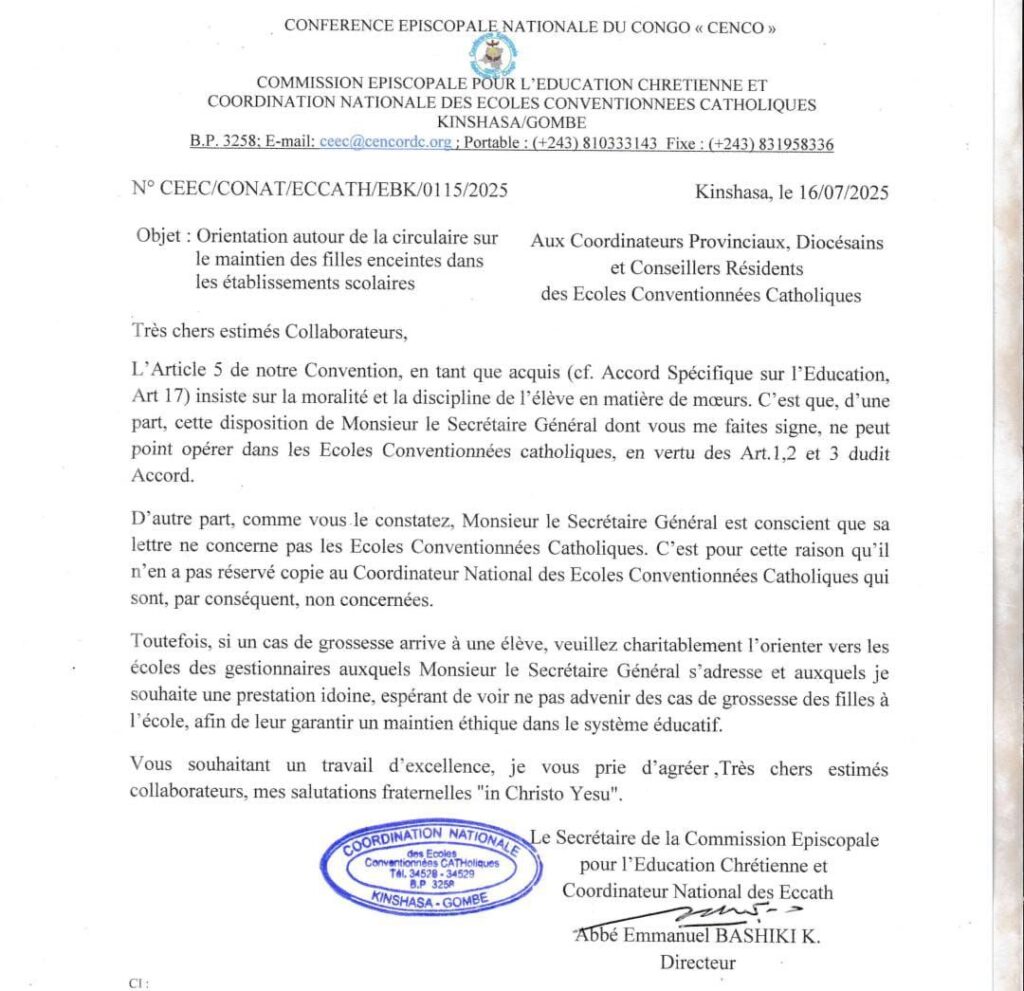 img-20250716-wa03152123189484407246481-1024x991 Education en RDC : les écoles conventionnées catholiques maintiennent leur position face à la circulaire sur les élèves enceintes