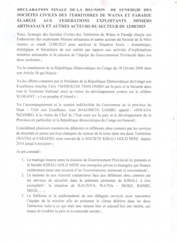 img-20250814-wa01633736250038189760709-740x1024 Haut-Uele : la synergie de la société civile et les fédérations des exploitants artisanaux unis de l’or de Watsa et Faradje dénoncent un “mariage incestueux” entre le gouvernement provincial et Kibali Gold Mine (Déclaration)