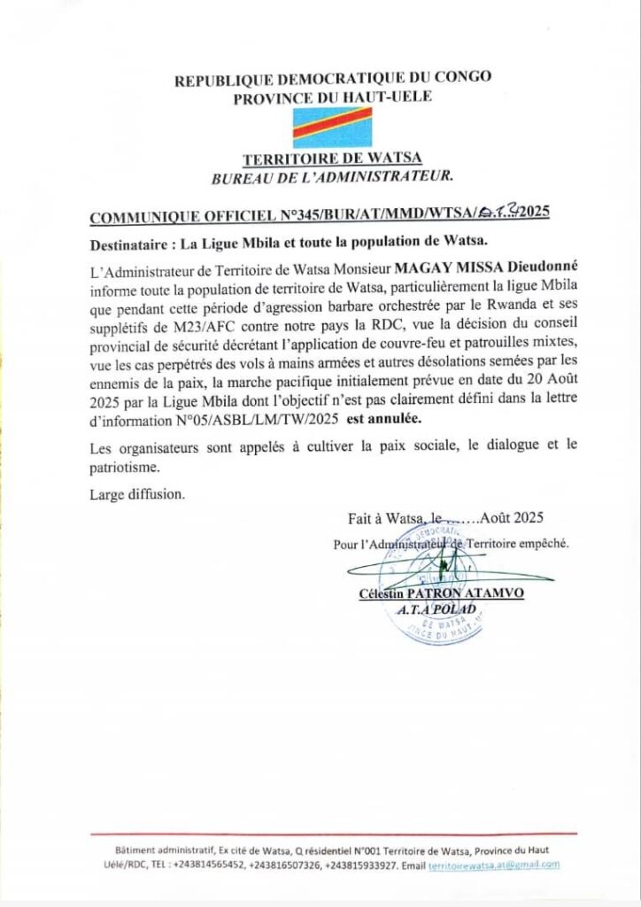 img-20250819-wa01008589129882986840040-2-724x1024 Haut-Uele : l’administrateur du territoire de Watsa interdit la marche pacifique annoncée par la Ligue Mbila