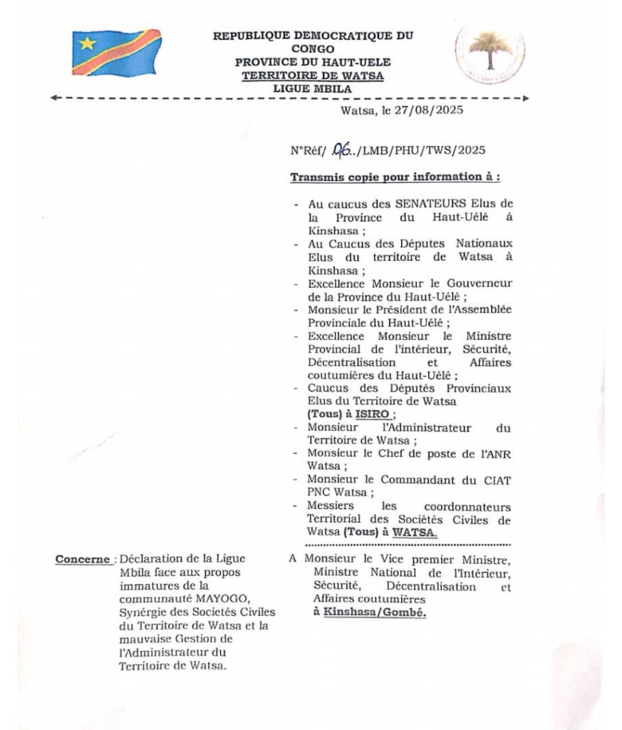 img-20250828-wa022917690902535734939948-873x1024 Haut-Uele/Watsa : la Ligue MBILA s’indigne des propos « immatures » de la communauté Mayogo et demande la mutation de l’administrateur du territoire Magayi Missa Dieudonné(Déclaration)