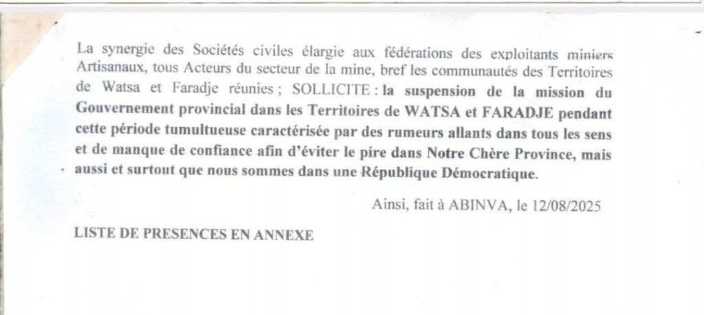 screenshot_20250814-06325123310237446266369562-1-1024x459 Haut-Uele : la synergie de la société civile et les fédérations des exploitants artisanaux unis de l’or de Watsa et Faradje dénoncent un “mariage incestueux” entre le gouvernement provincial et Kibali Gold Mine (Déclaration)