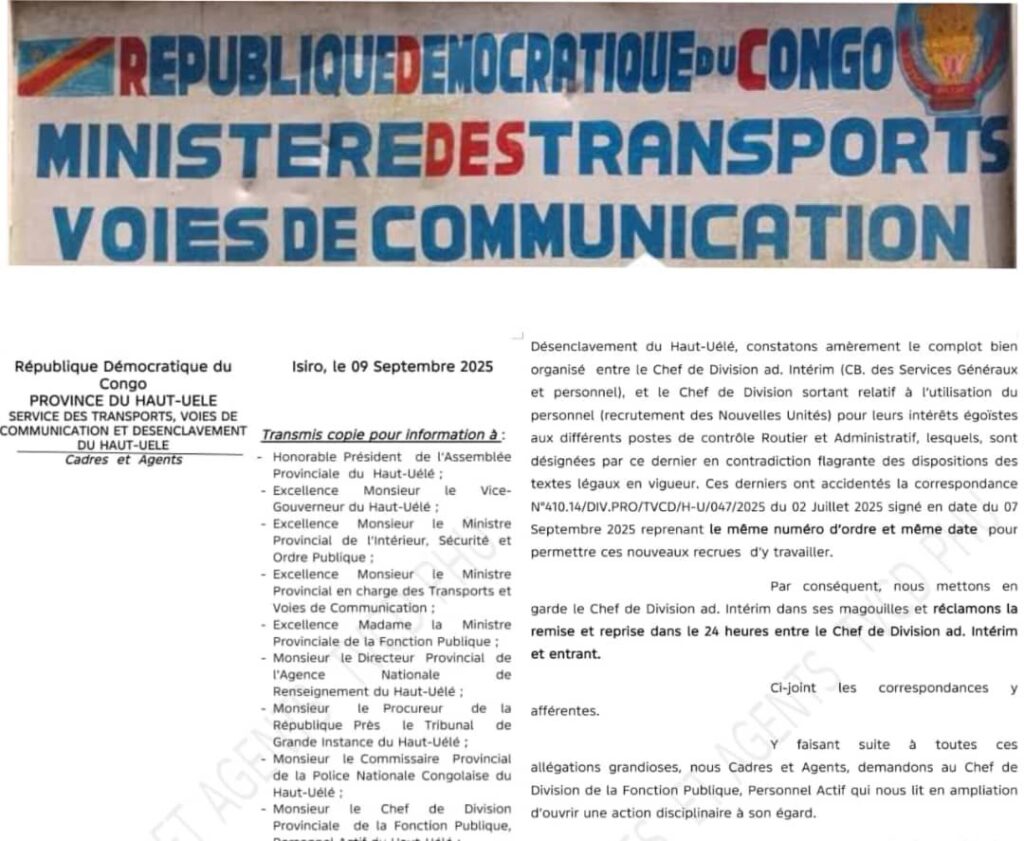 img-20250915-wa01224330317672669424873-1024x841 Haut-Uele : vives tensions à la Division provinciale des Transports, les agents dénoncent des affectations irrégulières et sollicitent l’arbitrage du gouverneur