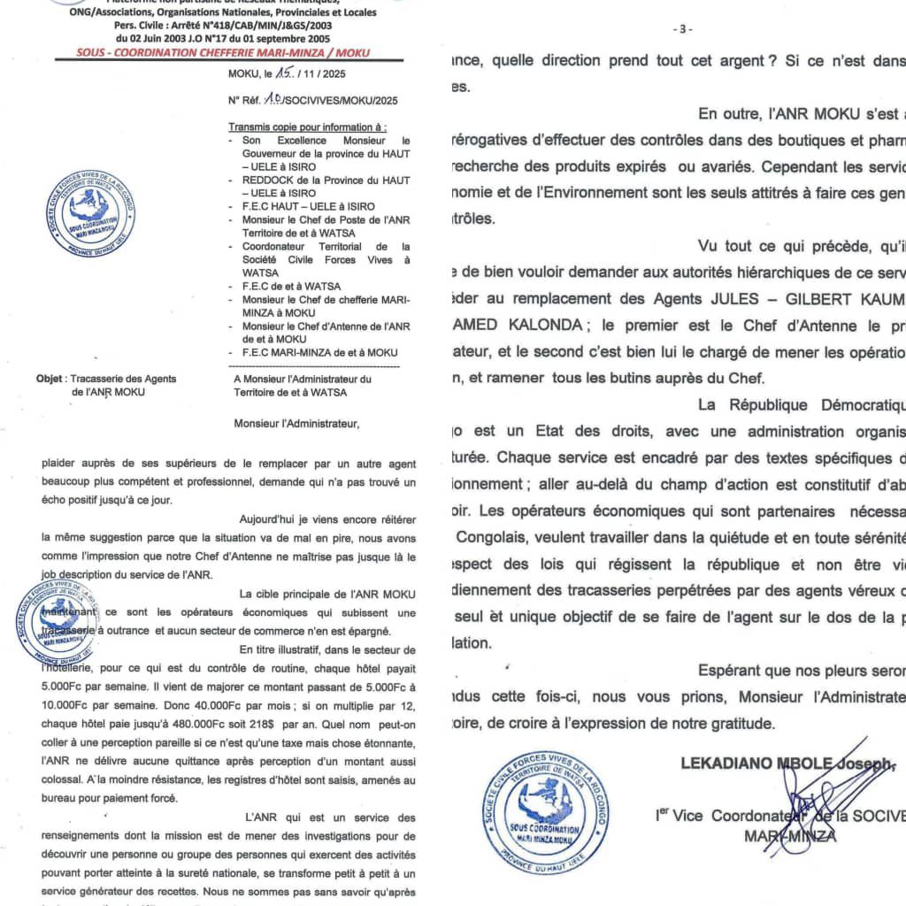 img-20251117-wa021611098830258625501715 Watsa : la société civile forces vives dénonce les tracasseries attribuées aux agents de l’ANR à Moku et réclame leur remplacement