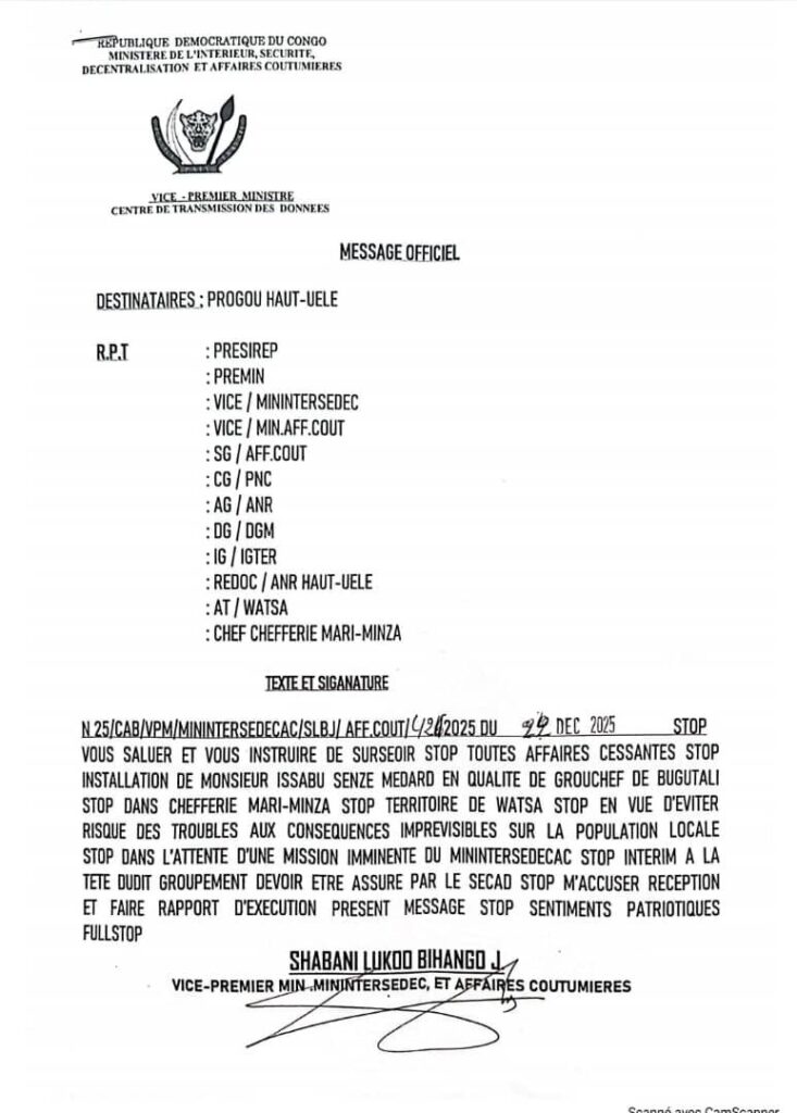 img-20251224-wa03162840682027287737870-733x1024 Haut-Uele : Kinshasa suspend l’installation de M. Isabhu Senze Médard à la tête du groupement de Bugutali pour prévenir des troubles sécuritaires(Télégramme)