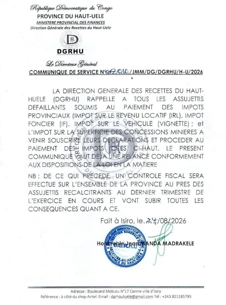 img-20260825-wa02591758766483994498587-759x1024 Haut-Uele : la DGRHU met en demeure les assujettis défaillants et annonce un contrôle fiscal rigoureux(Communiqué)