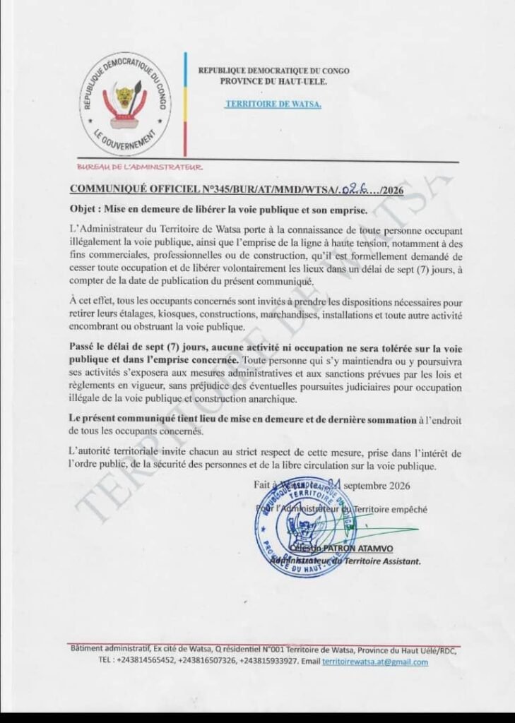 img-20260922-wa01724201697802196335894-729x1024 Watsa : dernière sommation de l’administration territoriale aux occupants illégaux de la voie publique (Communiqué)