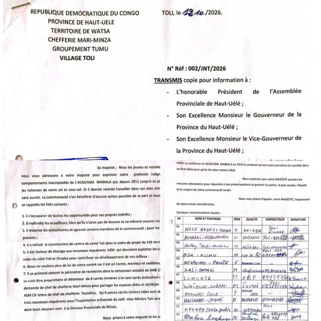 IMG-20261014-WA05472-1024x1024 Watsa : les notables du village Toli, en chefferie de Mari-Minza, retirent leur confiance à Mabiala Nginda Victor pour une présumée gestion jugée opaque du site minier de Midi et réclament son remplacement (correspondance)